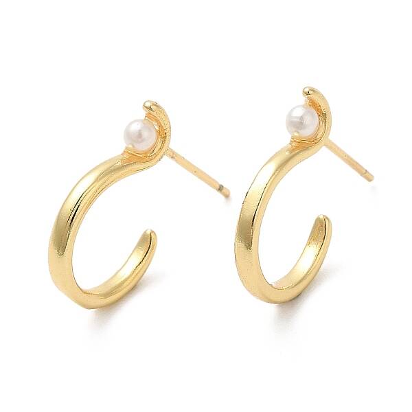 Rack Plating Brass Round Stud Earrings with Plastic Pearl Beaded