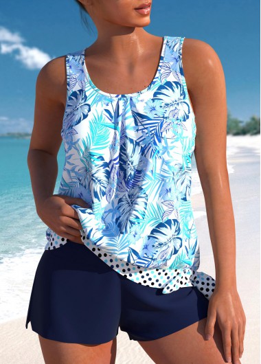 Modlily Blue Tankini With Shorts Leaves Print High Waisted Bowknot Tankini Set - M