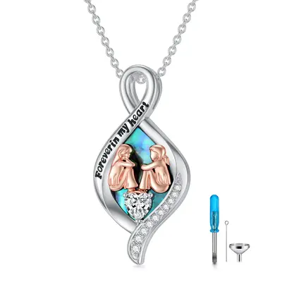Sterling Silver Two-tone Abalone Shellfish Sisters & Infinity Symbol Urn Necklace for Ashes with Engraved Word