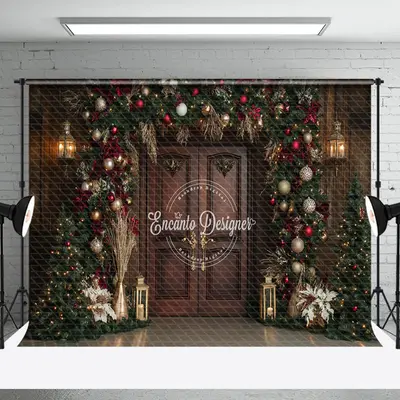 Aperturee Brown Door Christmas Pine Leaf Decor Photo Backdrop | Christmas Photoshoot Backgrounds | Christmas Backgrounds Fire...
