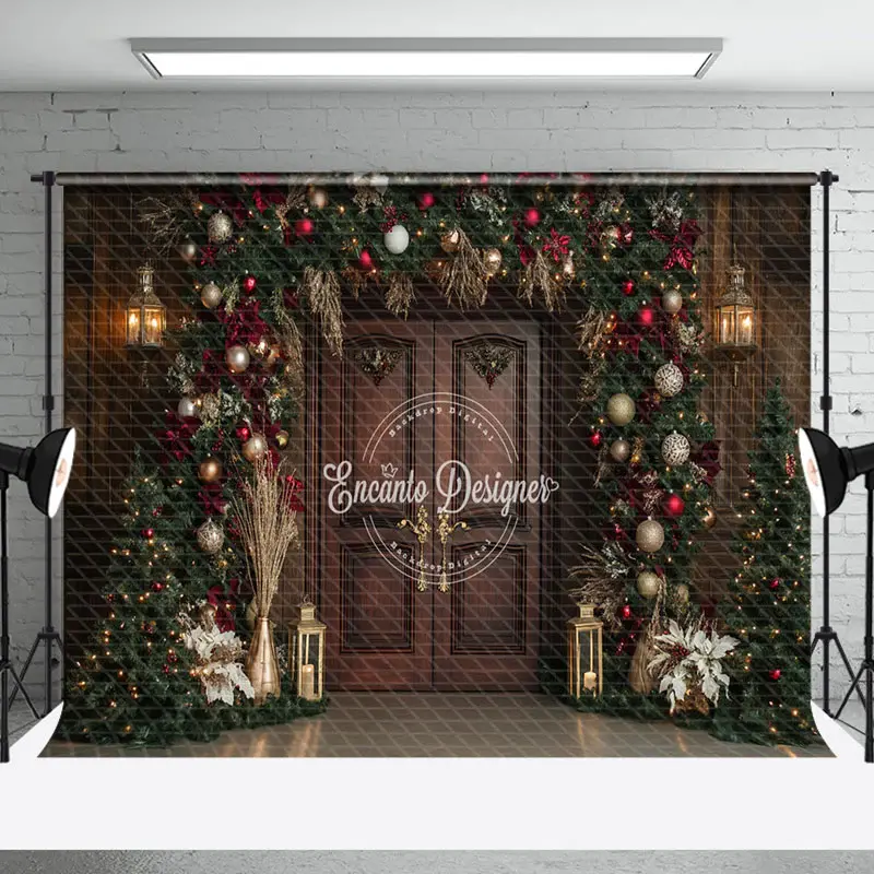 Aperturee Brown Door Christmas Pine Leaf Decor Photo Backdrop | Christmas Photoshoot Backgrounds | Christmas Backgrounds Fire...