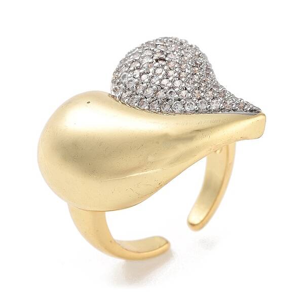 Heart Brass Micro Pave Clear Cubic Zirconia Open Cuff Ring for Women