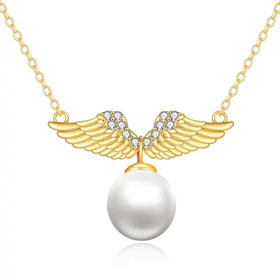 14K Gold Round Pearl Angel Wings Pendant Necklace