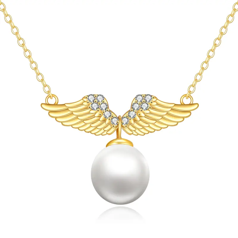14K Gold Round Pearl Angel Wings Pendant Necklace