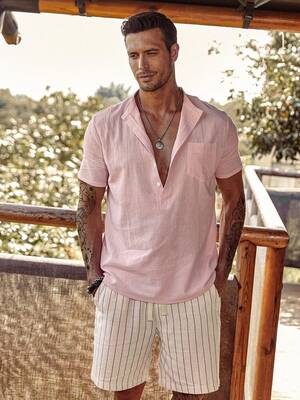 Linen Style Beach Button Shirts, Pink / XL