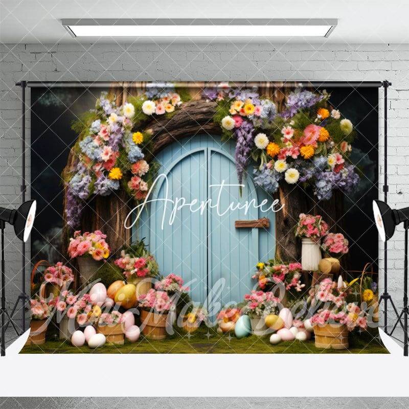 Floral Tree House Blue Door Eggs Easter Backdrop - Aperturee