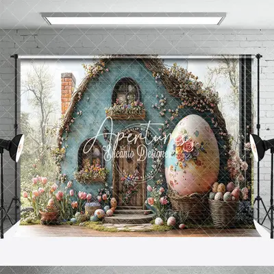 Aperturee Spring Blue Floral House Eggs Easter Photo Backdrop, 3X2FT(1MX0.6M), 14 USD, easter backdrops, ENHD3J02-M