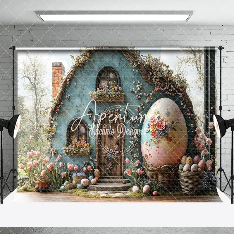 Aperturee Spring Blue Floral House Eggs Easter Photo Backdrop, 3X2FT(1MX0.6M), 14 USD, easter backdrops, ENHD3J02-M