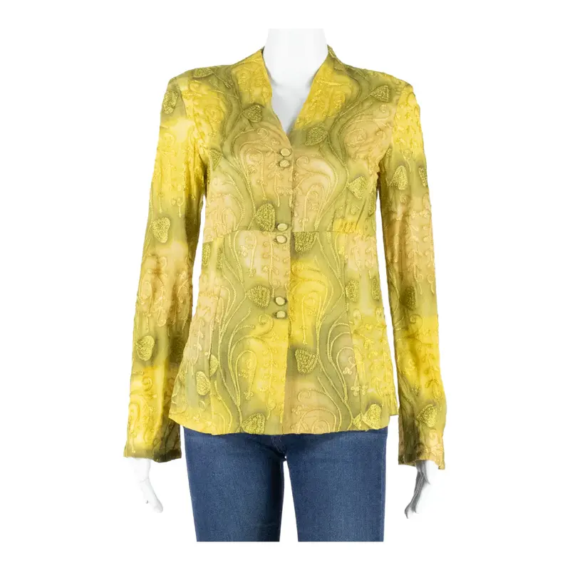 Womens Printed Blouse Green V-Neck Long Sleeve Paisley S