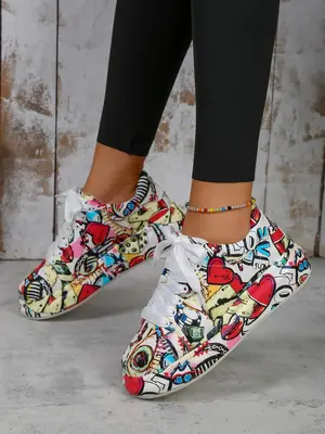 Women's Fashion Colorful Color Block Cartoon Pattern Lace Up Front Low Top Sneakers, Casual Comfortable Sports Shoes for Dail...