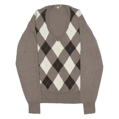 BARBOUR Womens Patterned Jumper Brown Argyle V-Neck Tight Knit Wool UK 16