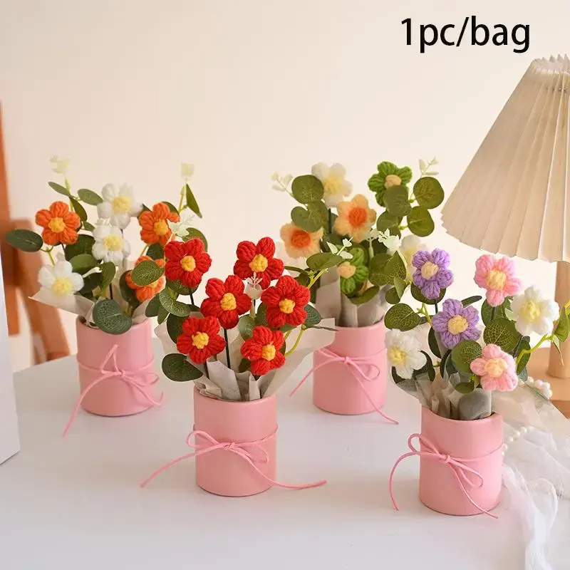 Crochet Flower Bouquet, 1pc Creative Knitted Eternal Bouquet, Desktop Decorative Flower, Gifts for Girl, Room Cozy Accessorie...