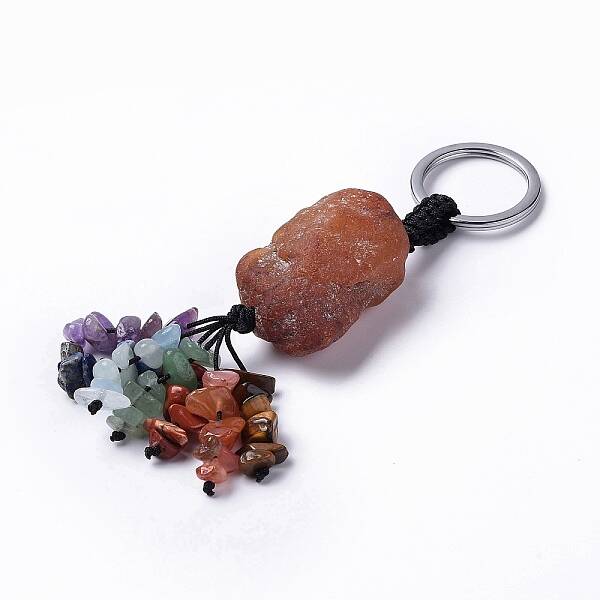 Natural Red Agate Nugget with Mixed Gemstone Chips Tassel Keychains