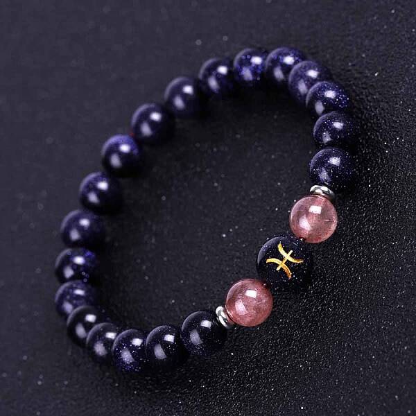 Pisces Round Synthetic Blue Goldstone & Natural Strawberry Quartz Stretch Bracelets for Women Men