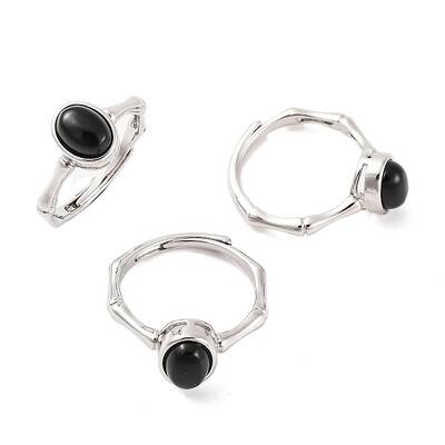 Oval Natural Black Onyx Adjustable Rings