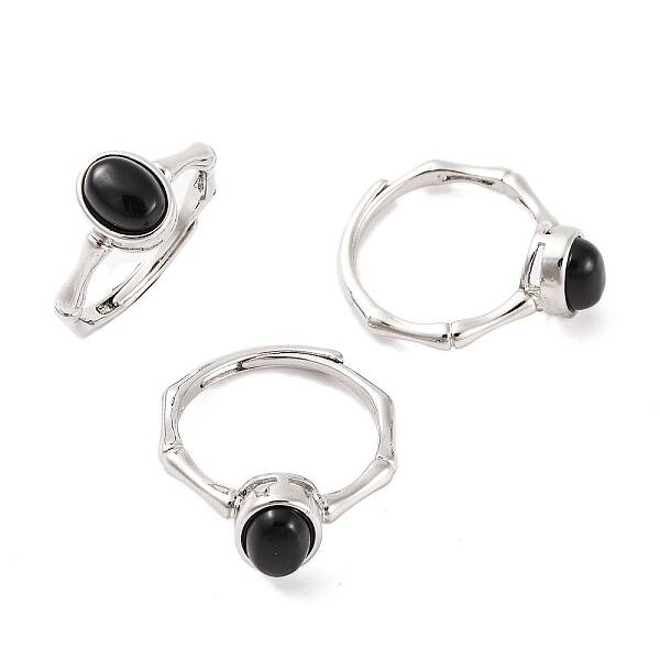Oval Natural Black Onyx Adjustable Rings