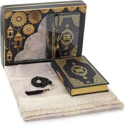 Prayer Gift Box for Hajj and Umrah, Quran with English Translation, Muslim Prayer Rug, Islamic Mat, Holy Quran,99 Pearly Bead...