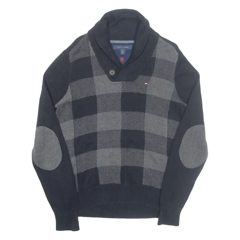 TOMMY HILFIGER Mens Patterned Jumper Black Check Button Neck Tight Knit M