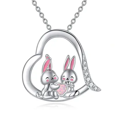 Sterling Silver Heart Cubic Zirconia Opal Rabbit Pendant Necklace For Best Friend
