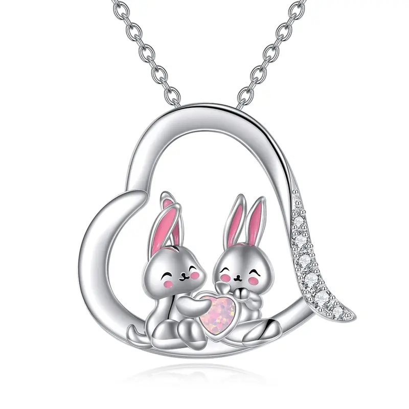 Sterling Silver Heart Cubic Zirconia Opal Rabbit Pendant Necklace For Best Friend