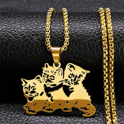 304 Stainless Steel Hollow Cute Cat Pendant Necklaces for Women