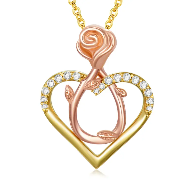 14K Two-tone Circular Cubic Zirconia Rose & Heart Pendant Necklace