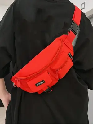 Men's Casual Solid Color Zipper Bum Bag, Trendy Nylon Chest Bag for Daily Used, Letter Patch Trendy Matching Fanny Pack