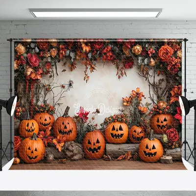 Aperturee Red Floral Tree Stump Pumpkins Halloween Backdrop - Aperturee