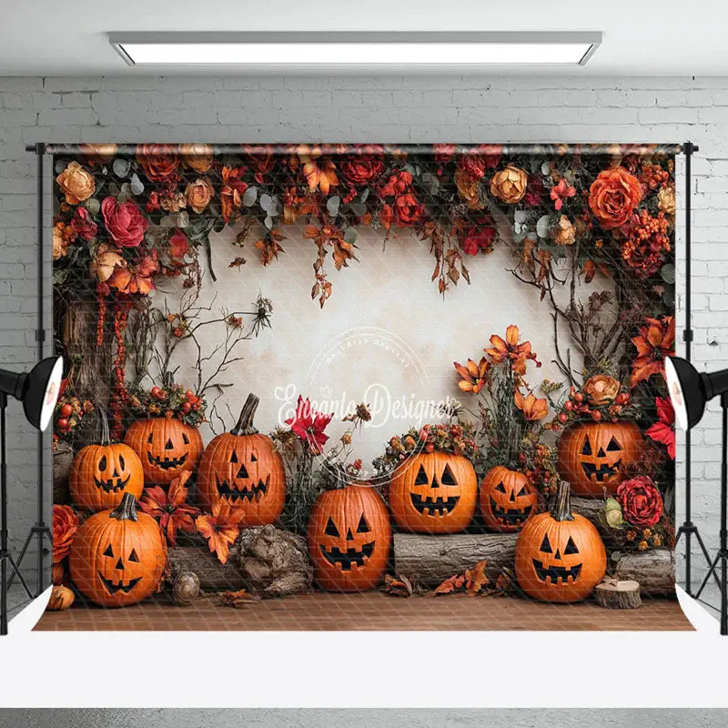 Aperturee Red Floral Tree Stump Pumpkins Halloween Backdrop - Aperturee