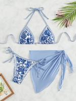 Women's Ethnic Pattern Bikini Set, Boho Style Halter Neck Triangle Swim Bra & Tie Side Swim Bottom & Knot Side Cover Up Skirt...