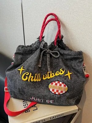 , Gifts for WifeWomen's Fashionable Denim Effect Tote Bag, Gifts for Her, Casual Letter Embroidery Design Large Capacity Shou...