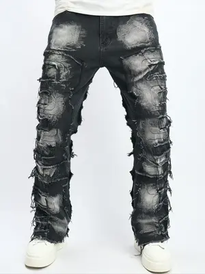 Men's Ripped Straight Leg Jeans, Casual Comfy Regular Fit Button Fly Denim Trouser for Daily Wear, Fashion Men's Bottoms for ...