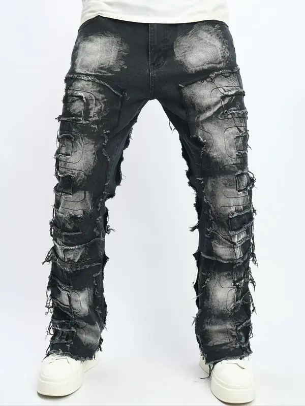 Men's Ripped Straight Leg Jeans, Casual Comfy Regular Fit Button Fly Denim Trouser for Daily Wear, Fashion Men's Bottoms for ...