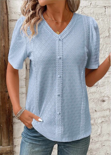 Modlily Blue Patchwork Short Sleeve V Neck Blouse - L