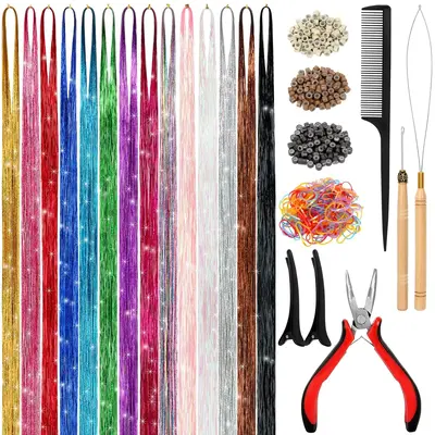 Hair Tinsel Kit, 14-Color Tinsel Hair Extensions Clip with Micro Silicone Link Rings Beads & Threader, 4250 Strands Specific ...