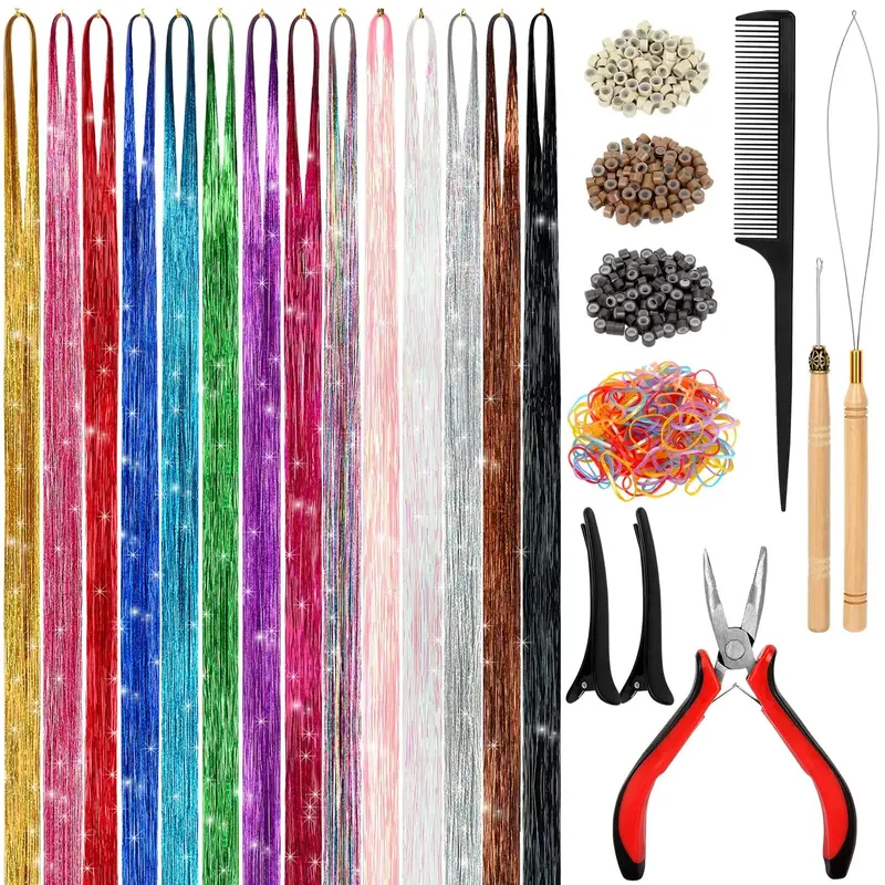 Hair Tinsel Kit, 14-Color Tinsel Hair Extensions Clip with Micro Silicone Link Rings Beads & Threader, 4250 Strands Specific ...