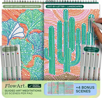 Lifelines FlowArt Guided Art Meditations – 2-Pack or 4-Pack Activity Pads with Themed Markers – Dot-by-Letter, Hidden Pat...