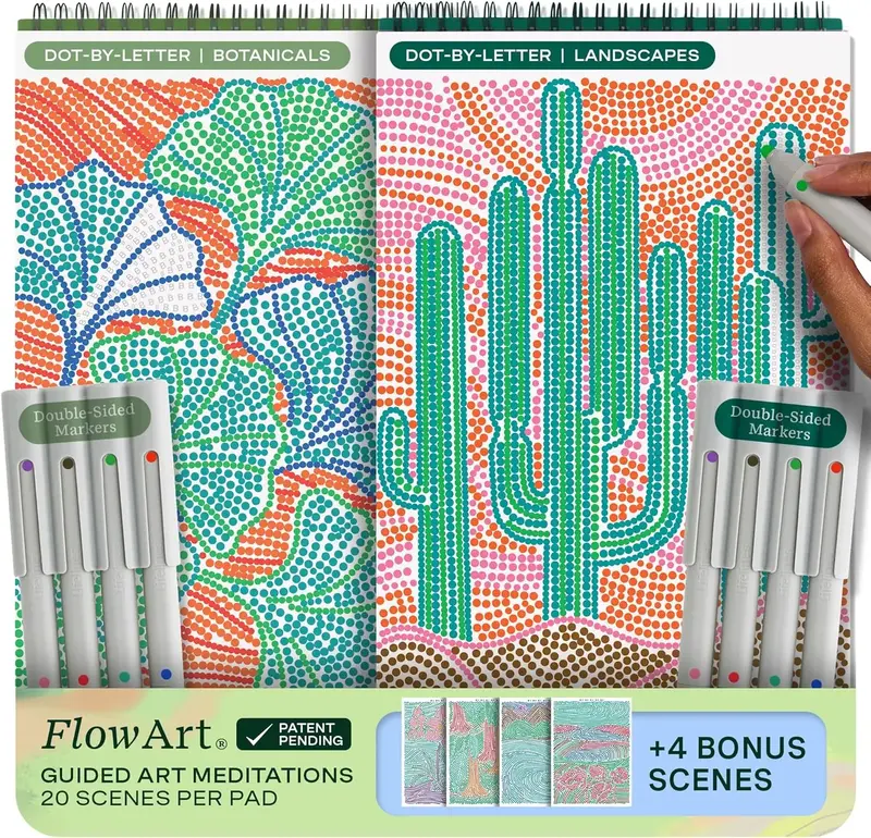 Lifelines FlowArt Guided Art Meditations – 2-Pack or 4-Pack Activity Pads with Themed Markers – Dot-by-Letter, Hidden Pat...