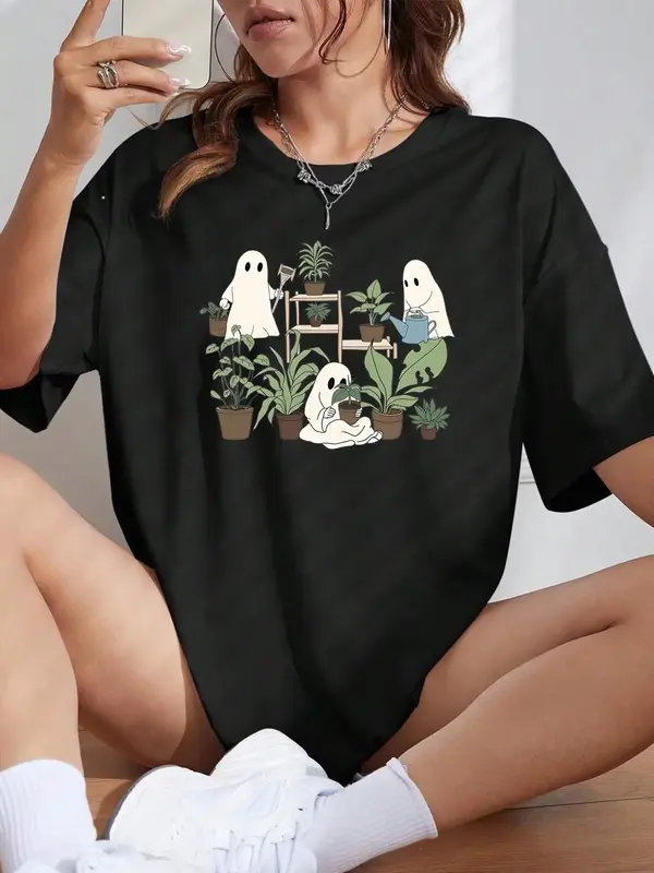 Women's Cute Cartoon Graphic Print Round Neck Tee, Casual Drop Shoulder Half Sleeve T-Shirt for Daily Wear, Ladies Clothes fo...