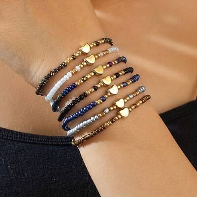 7Pcs CCB Heart & Glass Seed Round Beads Stretch Bracelets