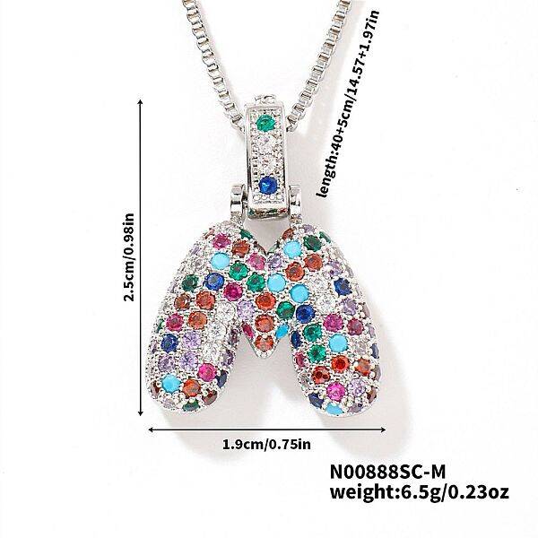 Brass Pave Colorful Cubic Zirconia Letter Pendant Box Chain Necklaces