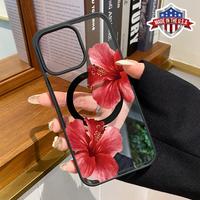 Hibiscus Blooms Pattern Magnetic Phone Case Supports Wireless Charging for iPhone 15 16 14 Pro Max 13 12 11 XR XS Plus Shockp...
