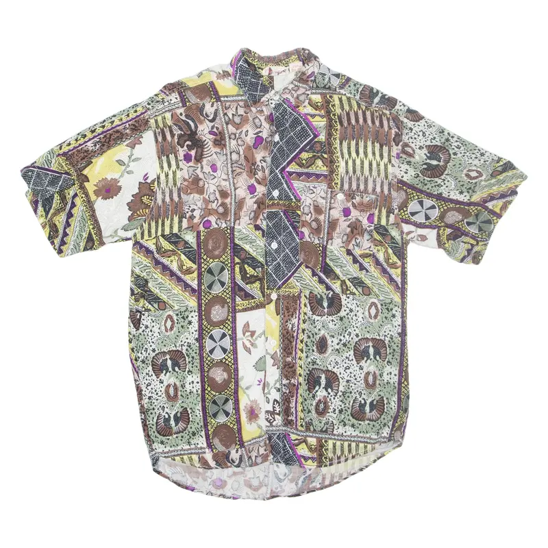 KAMIKAZE Mens Shirt Brown Viscose Crazy Pattern L
