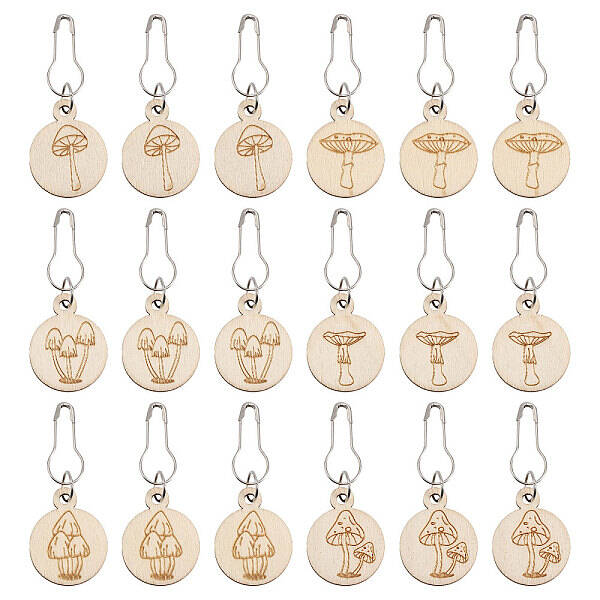3 Bags Mushroom Pattern Flat Round Wooden Charm Locking Stitch Markers