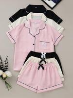 Women's Heart Embroidery Short Sleeve Top & Shorts Pyjama Set, Minimalist Casual Comfy Pj Set for Women, Women's Sleepwear fo...