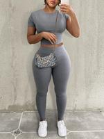 Two-Piece Set Women's Solid Crop Tee & Skinny Pants, Casual Fashion Cozy Round Neck Short Sleeve Top & Trousers for Daily Out...