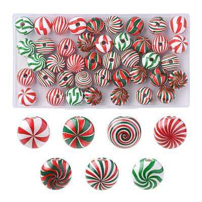 42Pcs 7 Colors Christmas Theme Printed Natural Wooden Beads