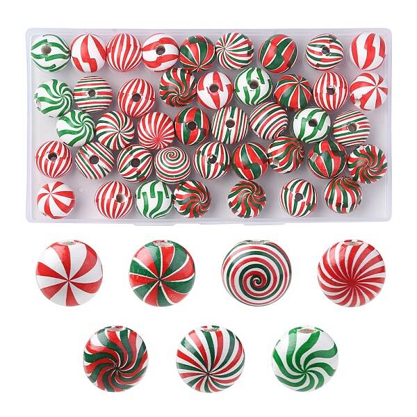 42Pcs 7 Colors Christmas Theme Printed Natural Wooden Beads