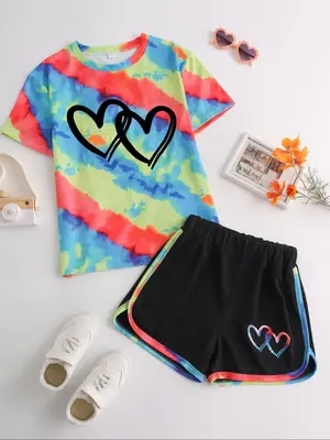 Two-piece Set Girl's Heart Print Tee & Shorts, Casual Round Neck Short Sleeve Top & Shorts for Daily Wear, Kids Summer Clothe...