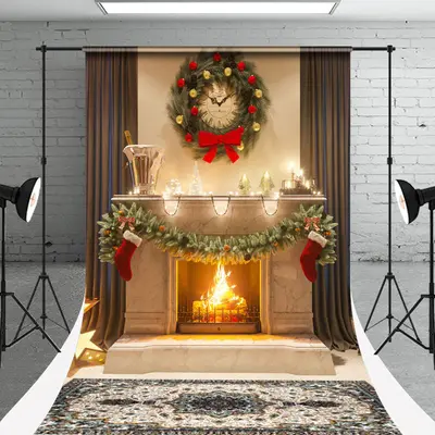 Fireplace Wreath Curtain Christmas Sweep Backdrop - Aperturee